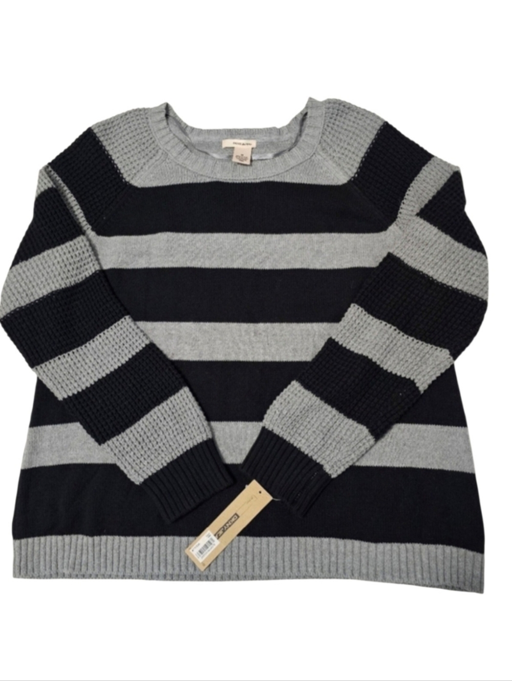 DKNY JEANS Women's Striped Black/Gray Long Waffle Knit Sleeve Preppy Sweater M